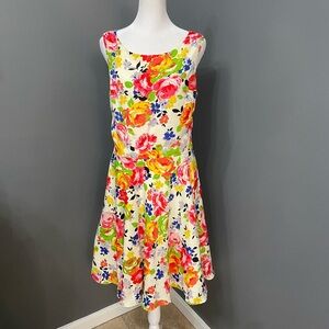 Betsey Johnson Cream Floral Dress with Pink Yellow & Blue Accents fit & flare 14